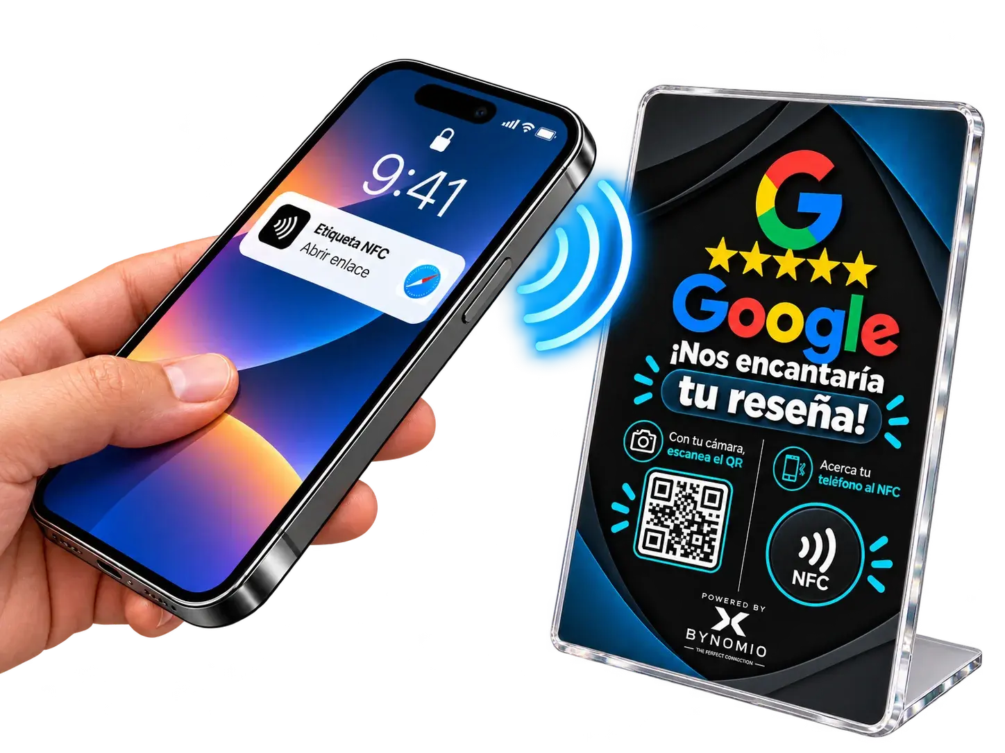 A compatible phone approaching a BYNOMIO TAP card