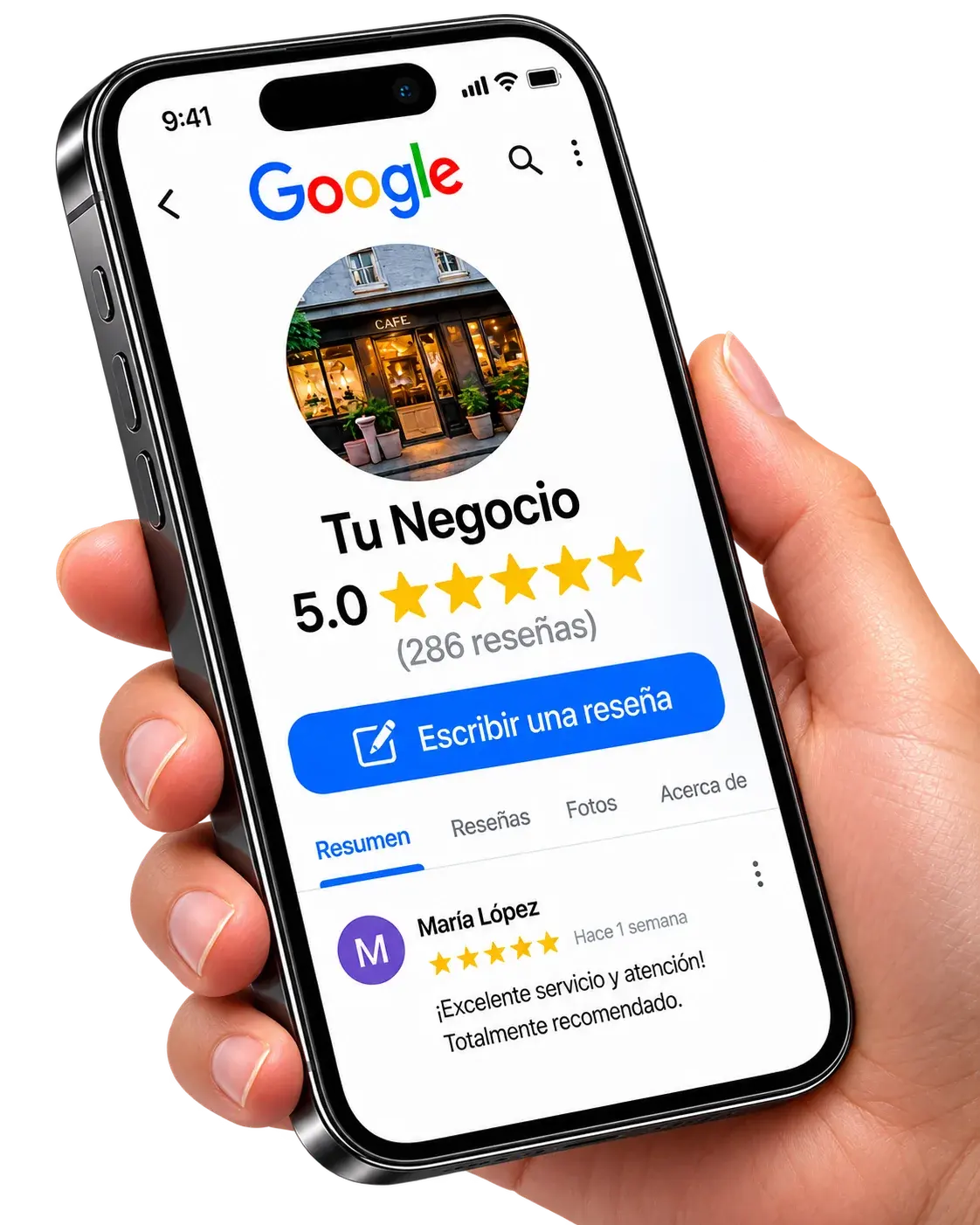 A phone displaying the Google review link