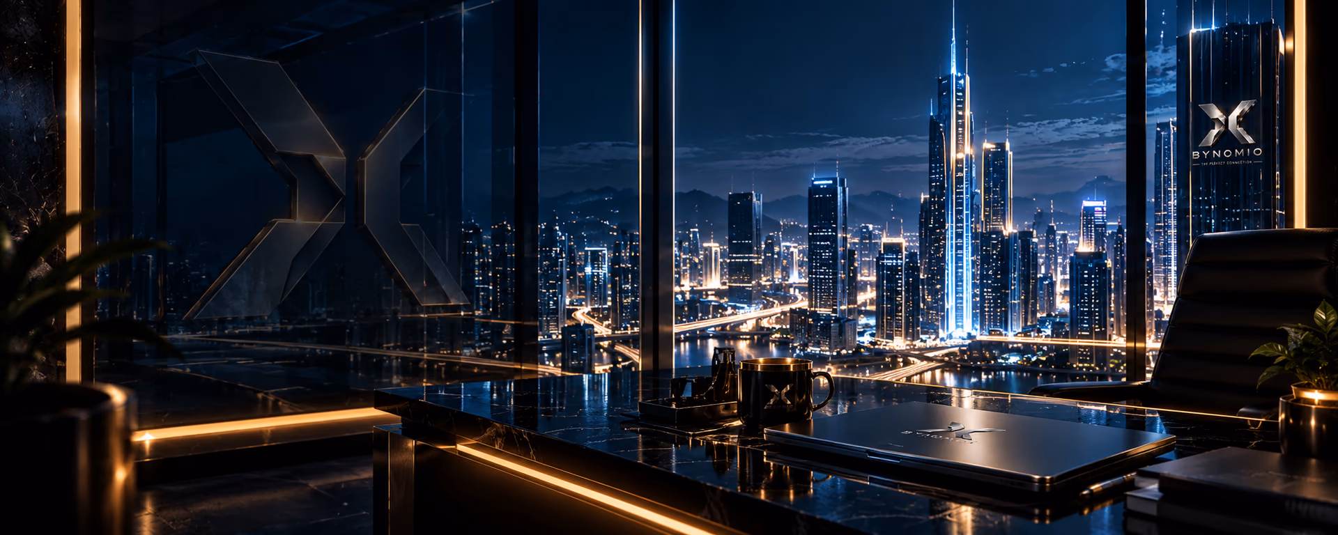 A BYNOMIO executive office with panoramic windows and an illuminated city