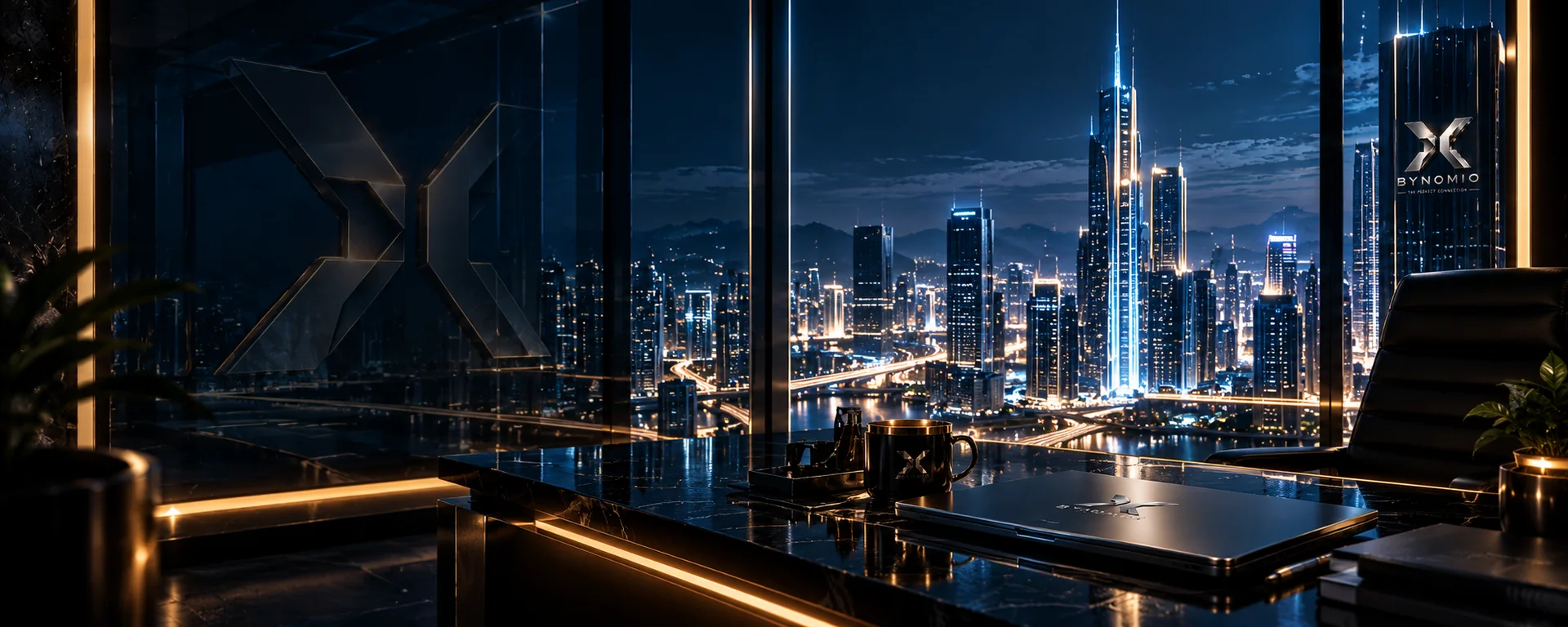 Oficina ejecutiva de BYNOMIO con ventanales panorámicos y una ciudad iluminada