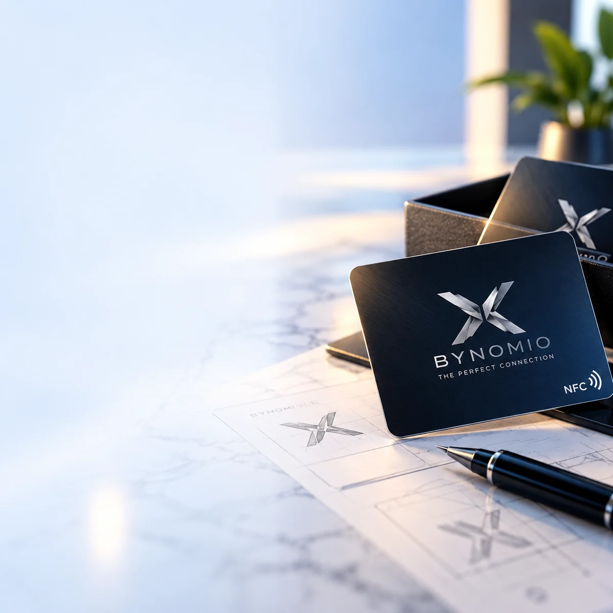 Tarjetas NFC de BYNOMIO sobre una mesa de trabajo