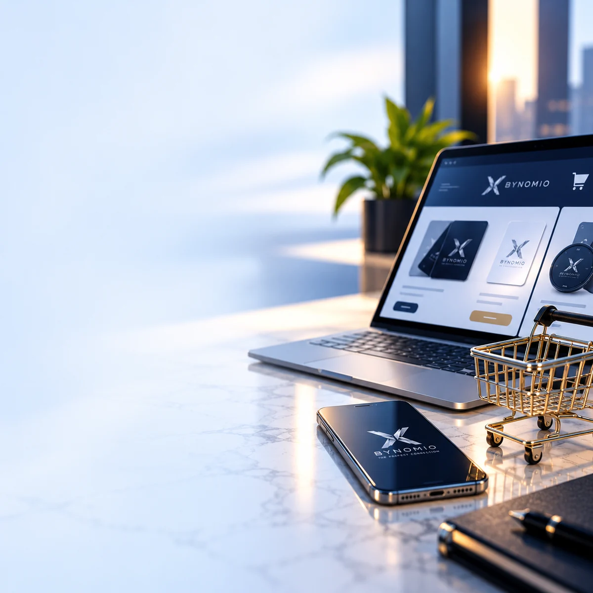 Tarjetas BYNOMIO en una computadora y teléfono junto a un carrito de compras